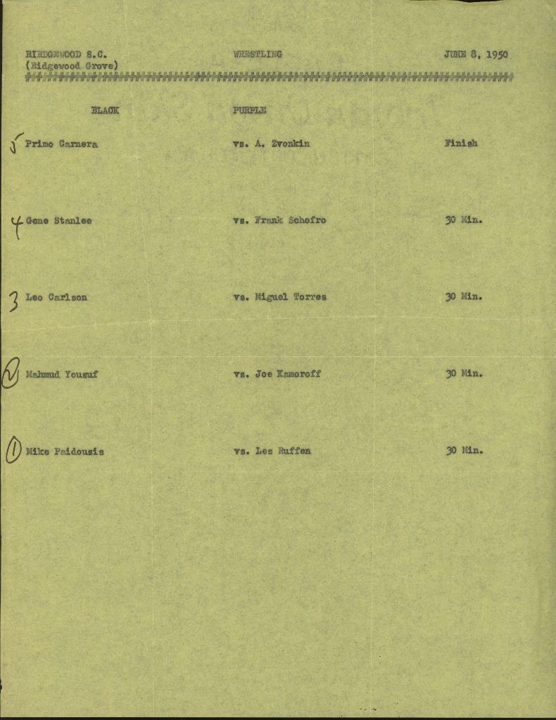 Original 1950 Wrestling Event Call Sheet/Schedule - Primo Carnera + Ridgewood SC