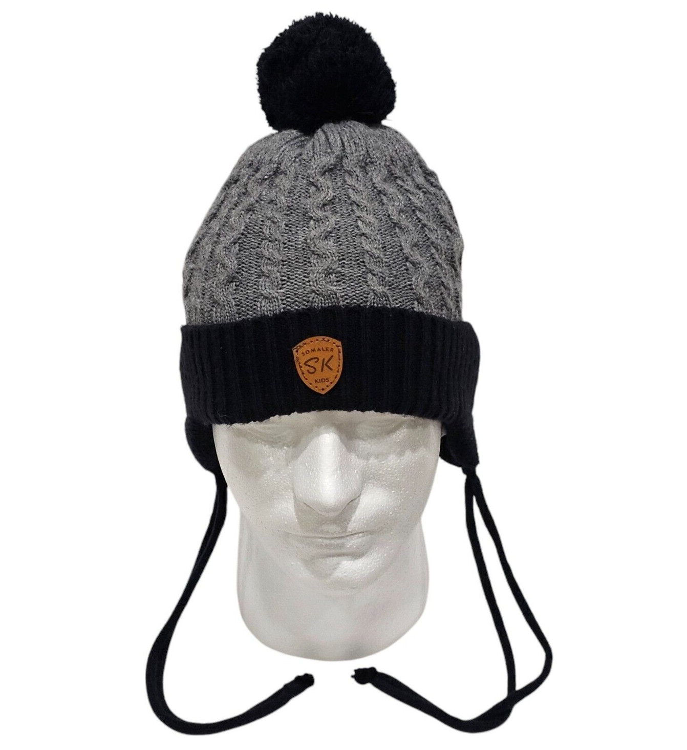 Somaler Kids SK Beanie Toque (Strings & Pom Pom) Gray Black One Size Fits Most