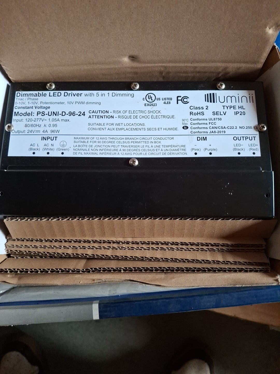 DIMMABLE LED DRIVER Model:Ps-un-D-96-24 Class 2 Type HL LED