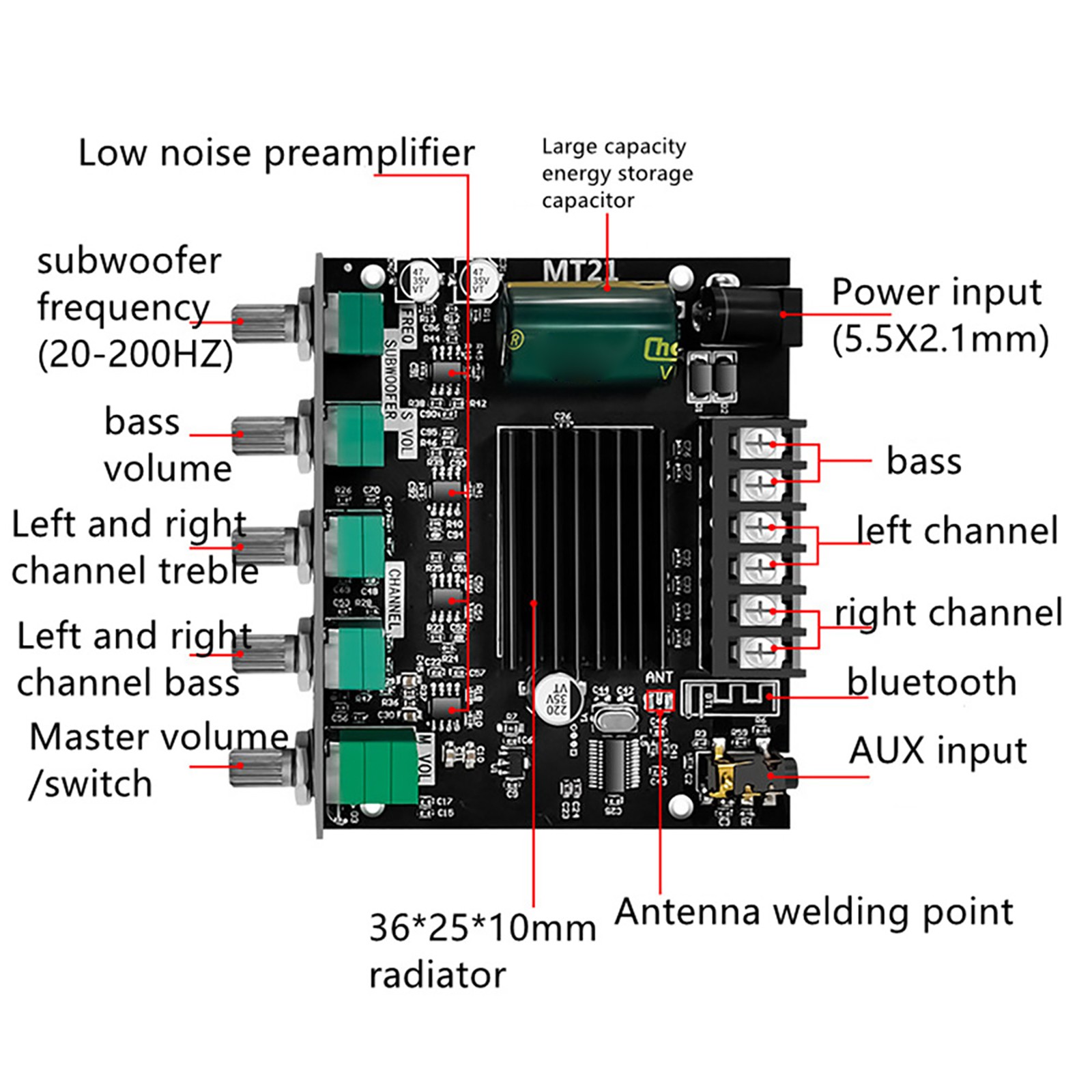 ZK-MT21 2x50W+100W Stereo Bluetooth 5.0 2.1Channel Digital Power Amplifier Board