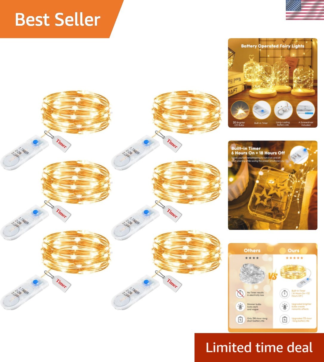 20 LED 6 Pack Battery Fairy Lights - Timer & Waterproof for Crafting & Decor
