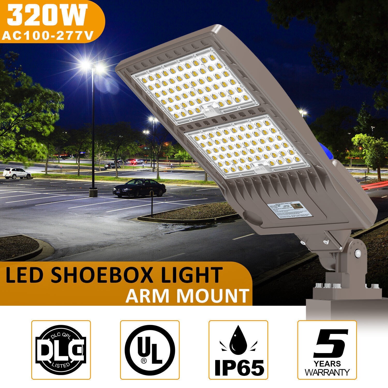 320W LED Parking Lot Light Dusk-to-Dawn Commercial Shoebox Street Light 44800LM