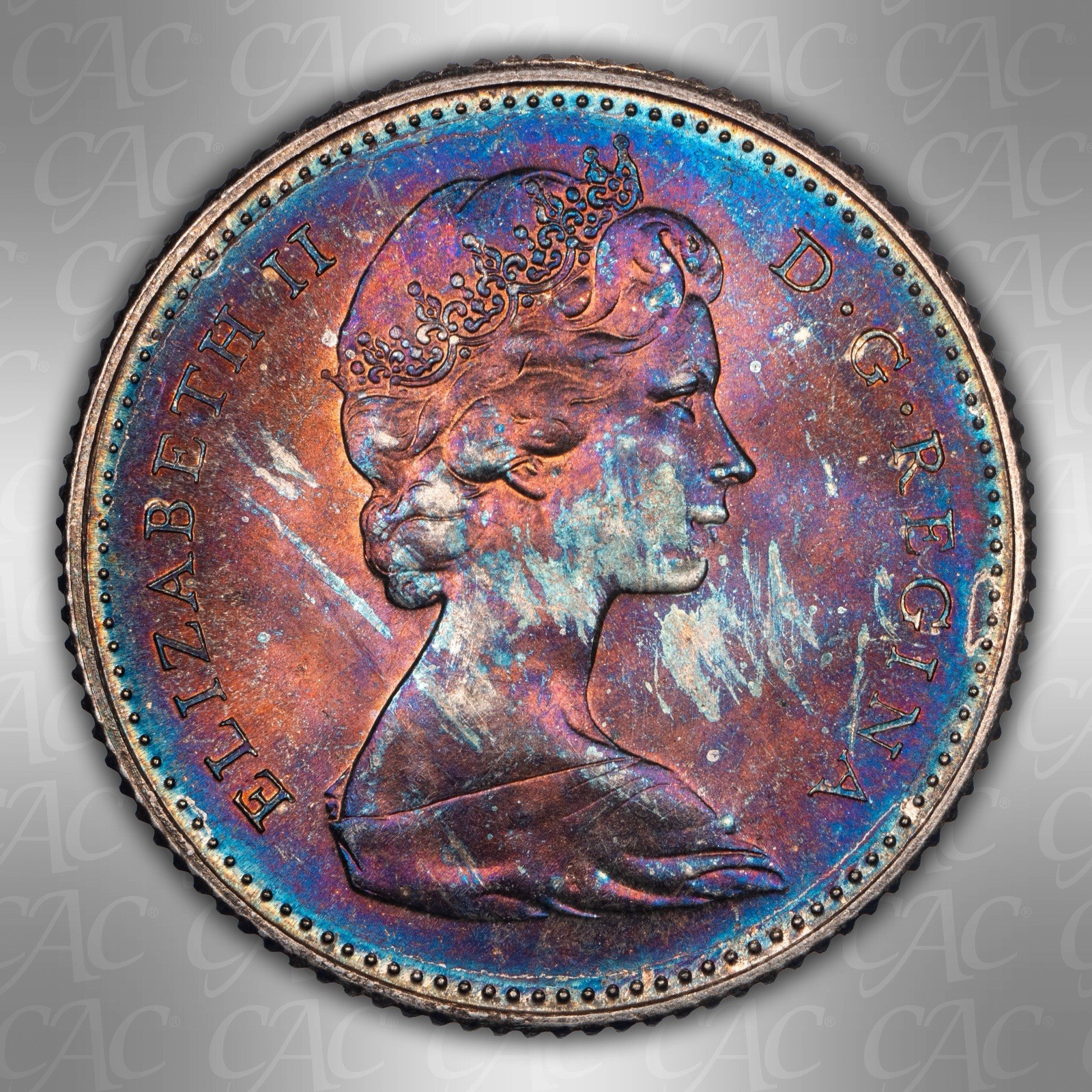 1967 Canada Silver 10 Cents CACG MS66 Amazing Rainbow Wow Coin!