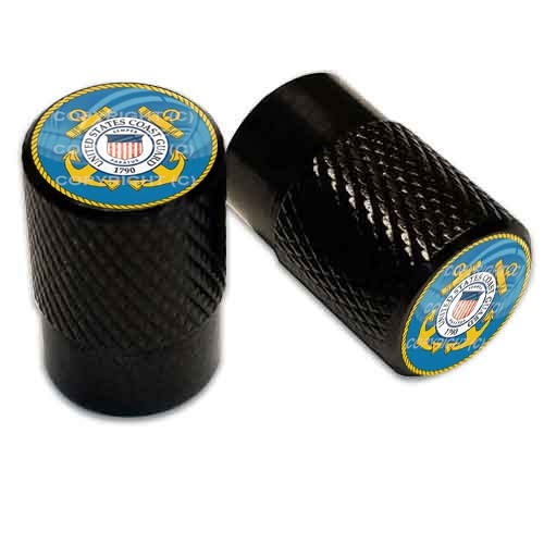 2 Black Billet Aluminum Knurled Tire Air Valve Stem Caps - US COAST GUARD 053