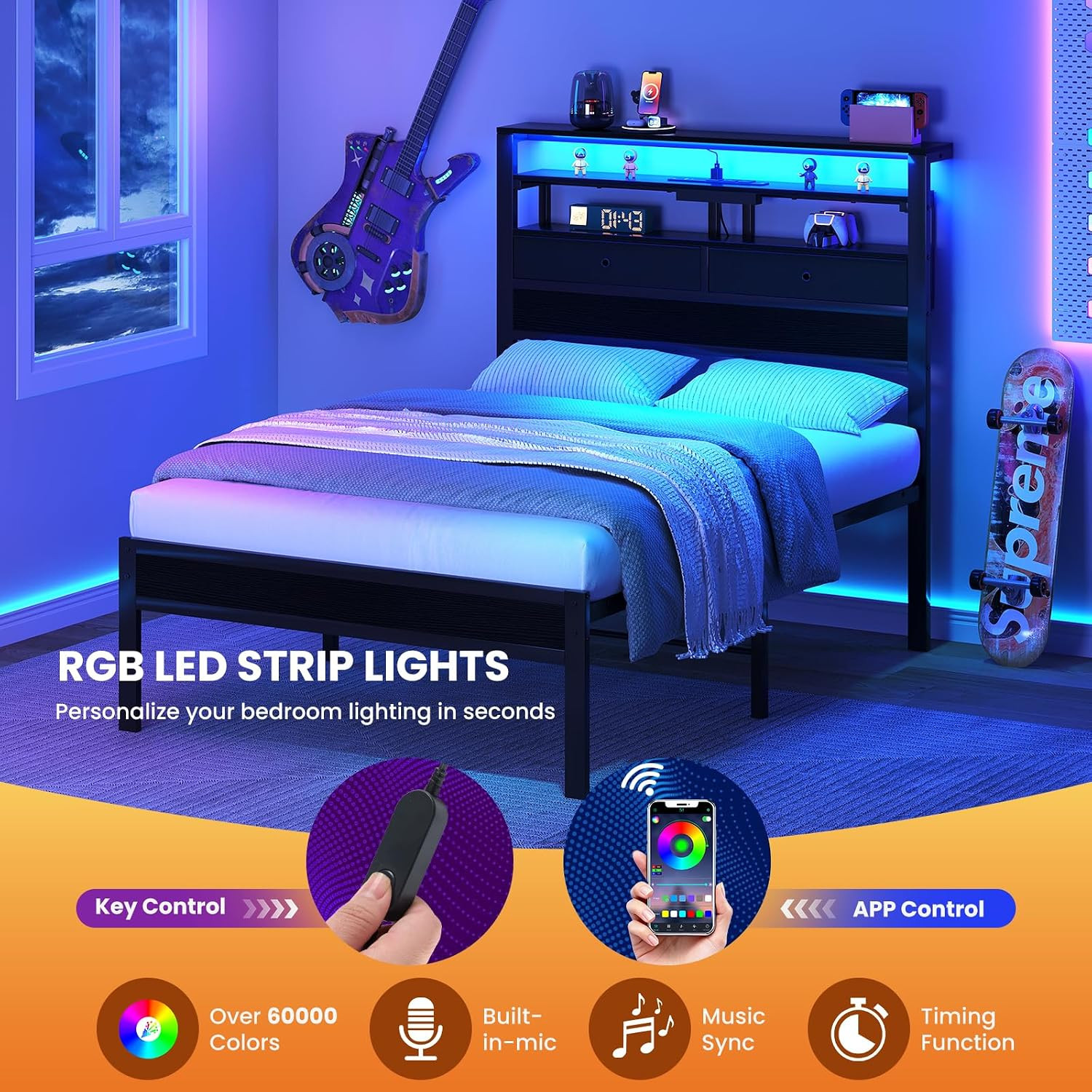Queen Bed Frame with LED Lights and Charging Station, Platform Bedframe with Sto