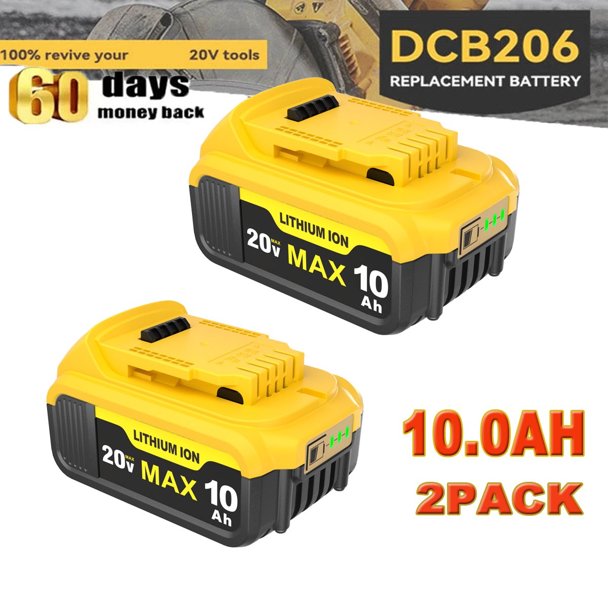2 Pack 20V 10.0Ah Battery for De walt 20 Volt MAX Batteries DCB200 DCB201