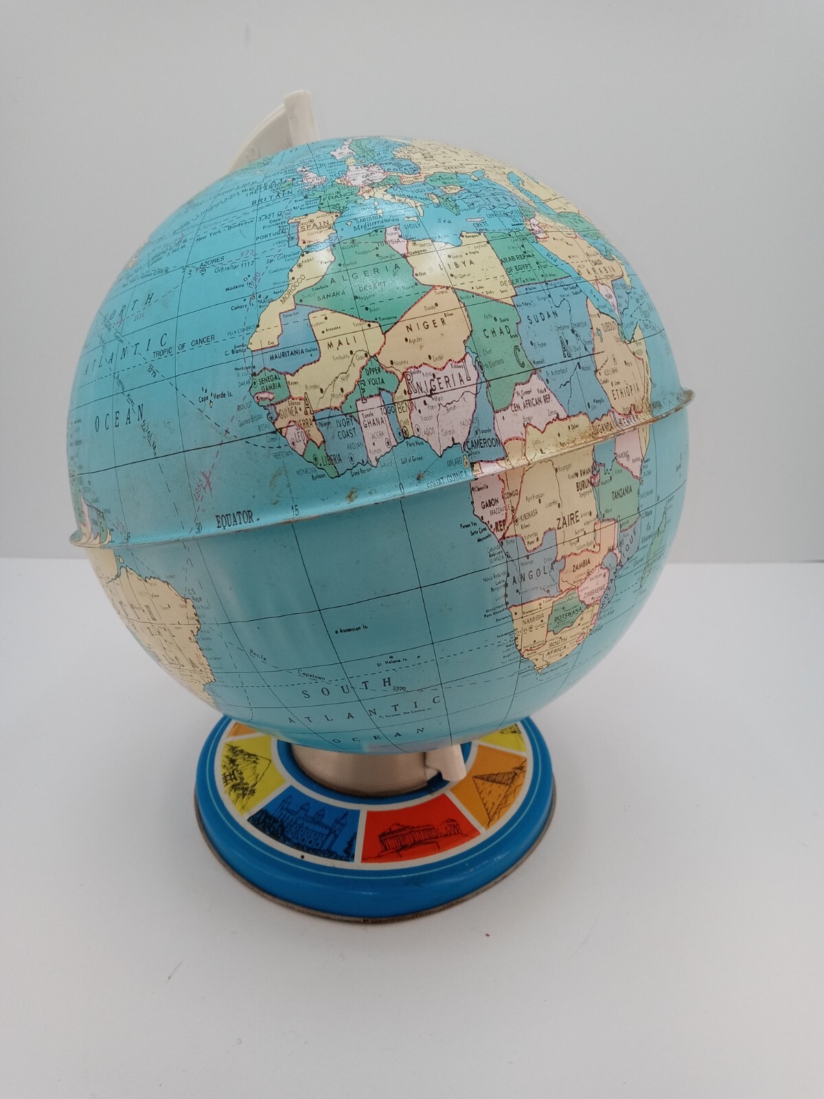 Vintage Metal 7 Wonders of the World Globe Ohio Art USA 11" Tall Tin Litho Desk
