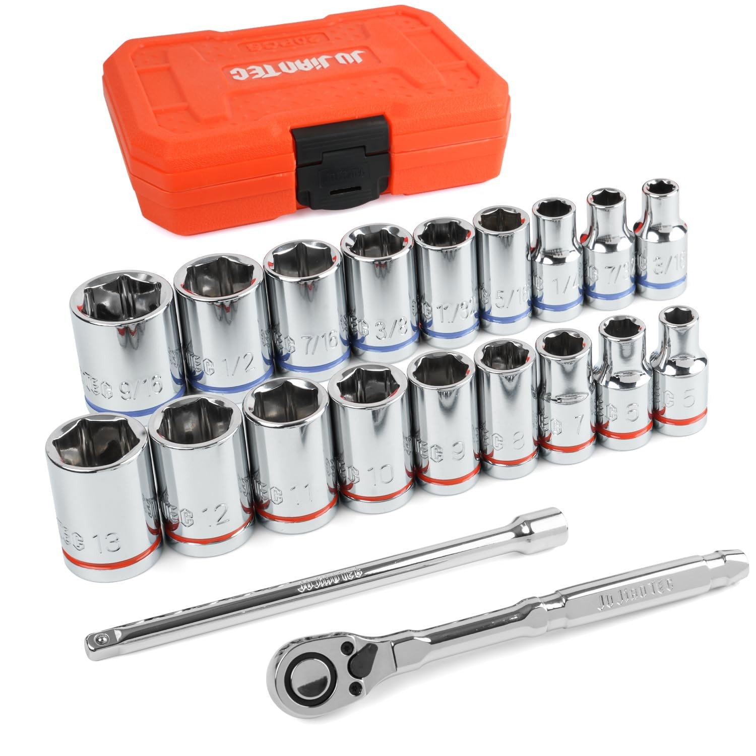 JU JIAN TEC 20-Piece 1/4" Drive Shallow Socket Set, SAE/Metric 20pcs