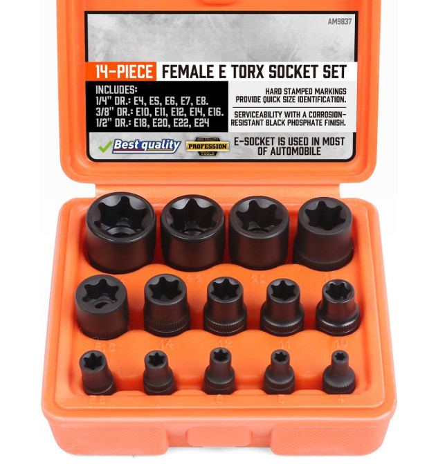 Juego 14 llaves vaso E Torx hembra 1/4 3/8 1/2 E24 carril taller auto, Nuevo