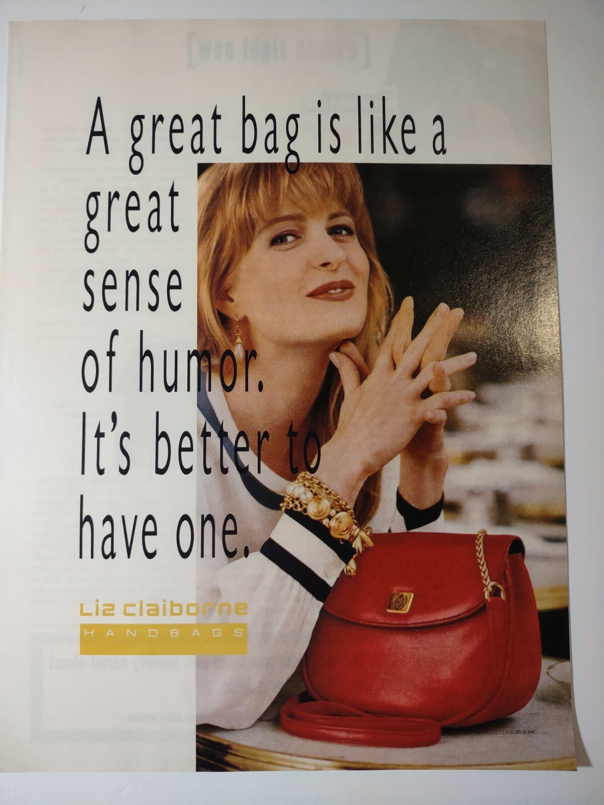 Vintage 1990s Print Ad Liz Claiborne Handbags Great Bag is Like Sense of Humor