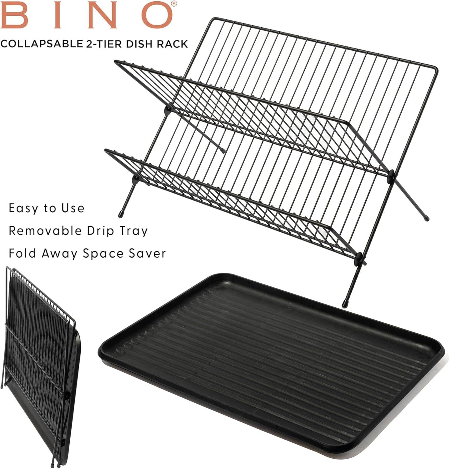 2-Tier Collapsible Dish Rack with Tray - Matte Black | Dish Drainer Kitchen