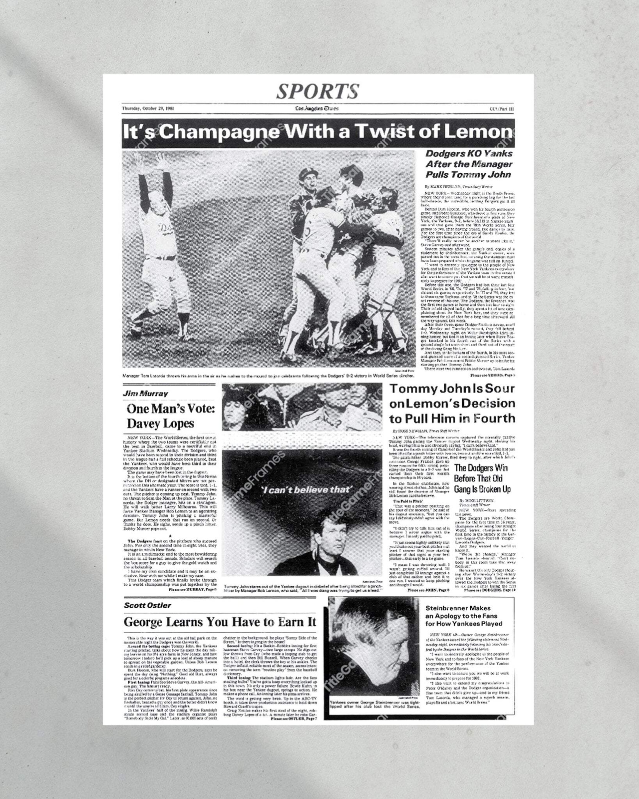 1981 Los Angeles Dodgers World Series Champions Framed Front Page Newspaper Prin
