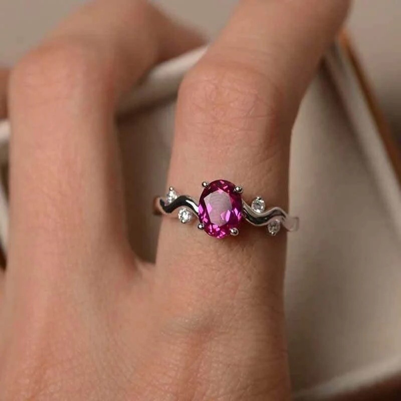 Ruby Oval Cut Zirconia Silver Engagement Ring with Box | Size 6-10 FREE SHIPPING