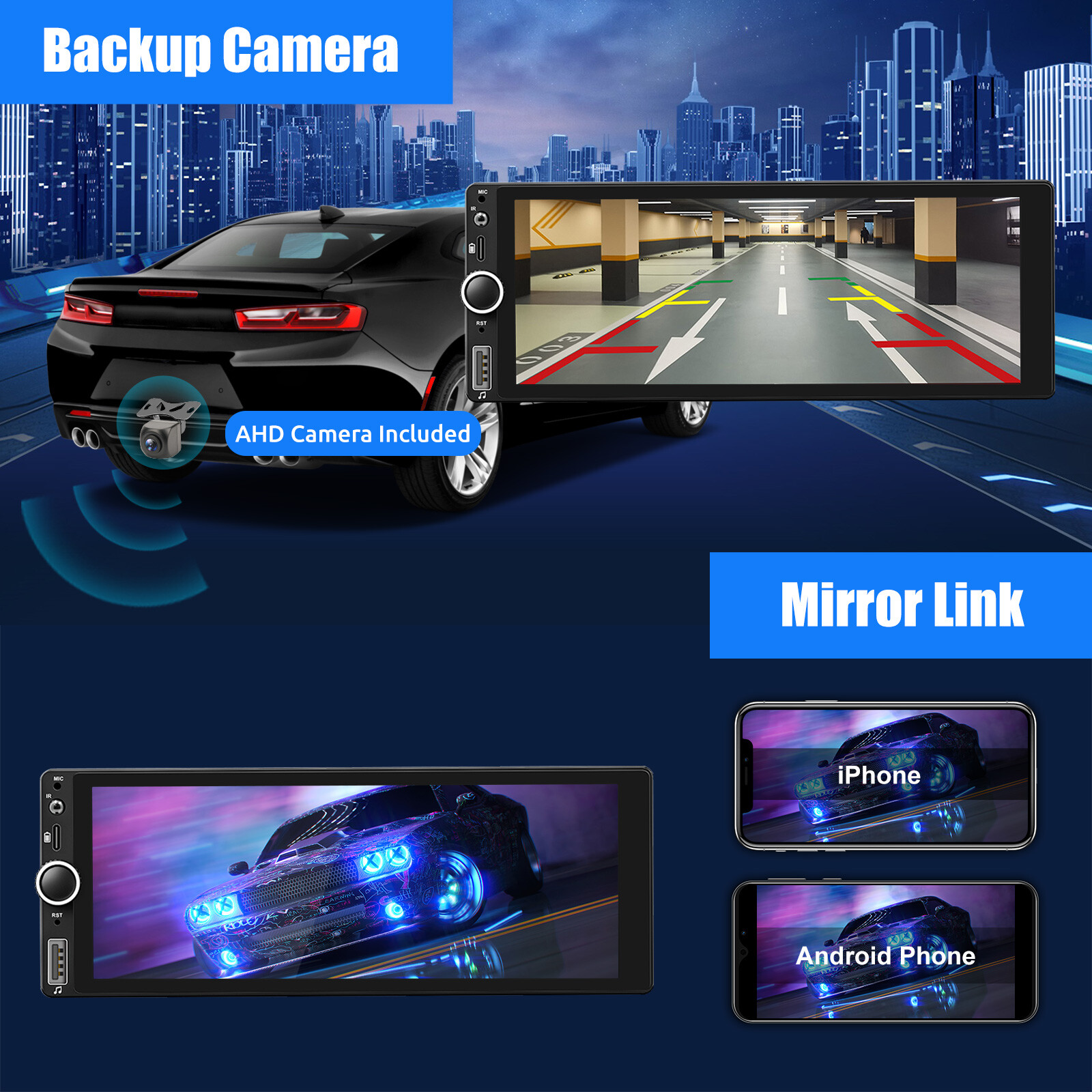 Single 1DIN 7" Wireless iOS Carplay Car Stereo Android 12 GPS IPS USB TypeC +AHD