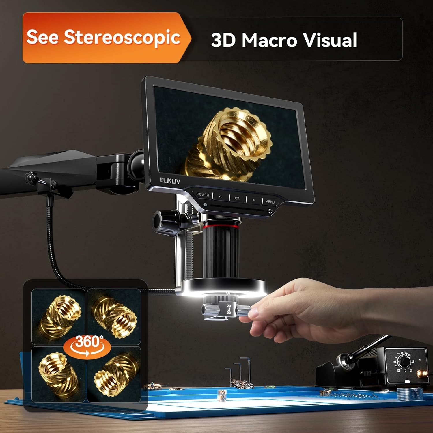 Elikliv EM3K-3D Max Microscope for PCB Soldering & Electronics Repair Flex Arm