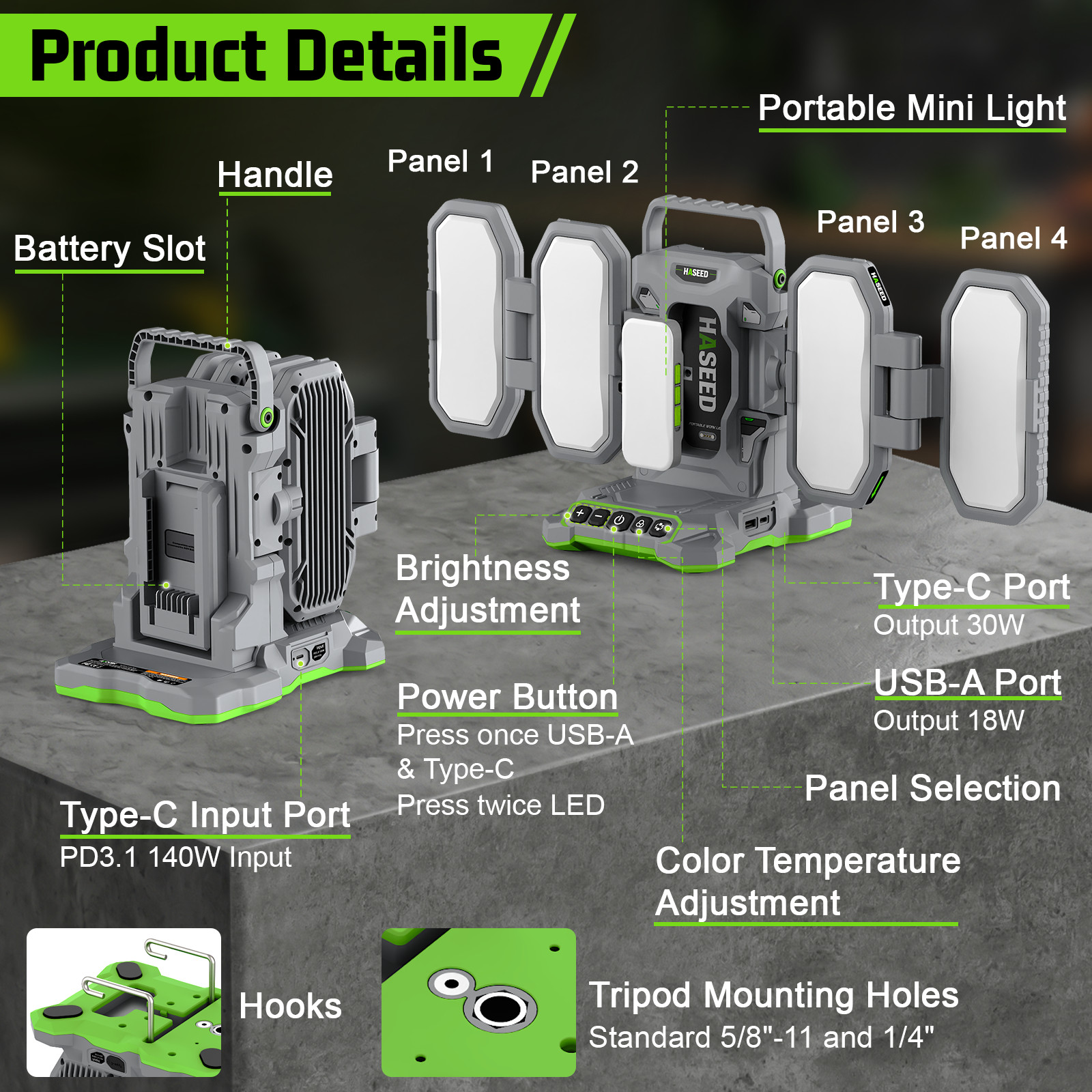 10000LM LED Work Light for Greenworks 40V Battery Foldable 4 Panel PD3.1 140W
