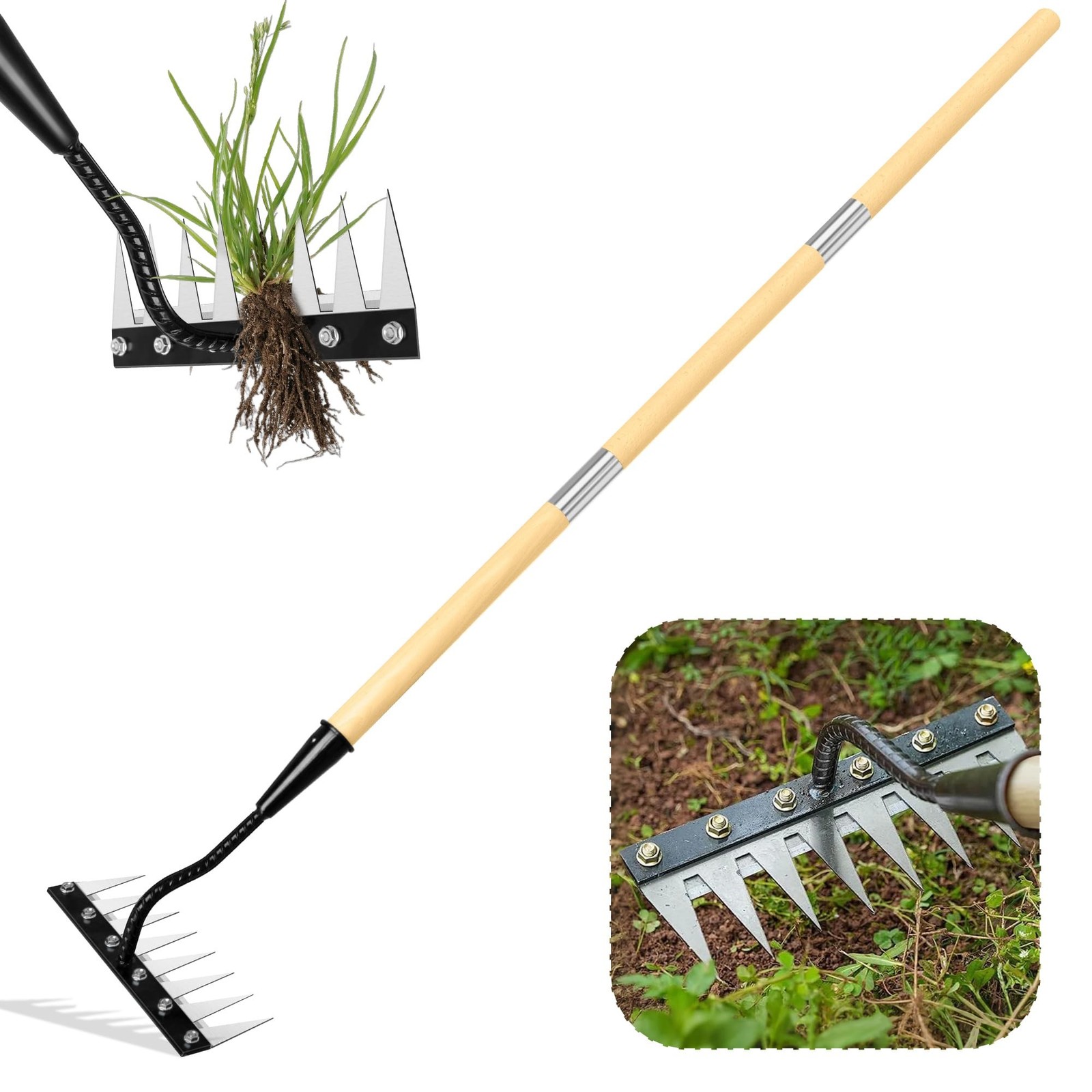 Iron Weeding Rake with Handle 2.0, Upgraded 8 Teeths Garden Weed Puller Tool ...