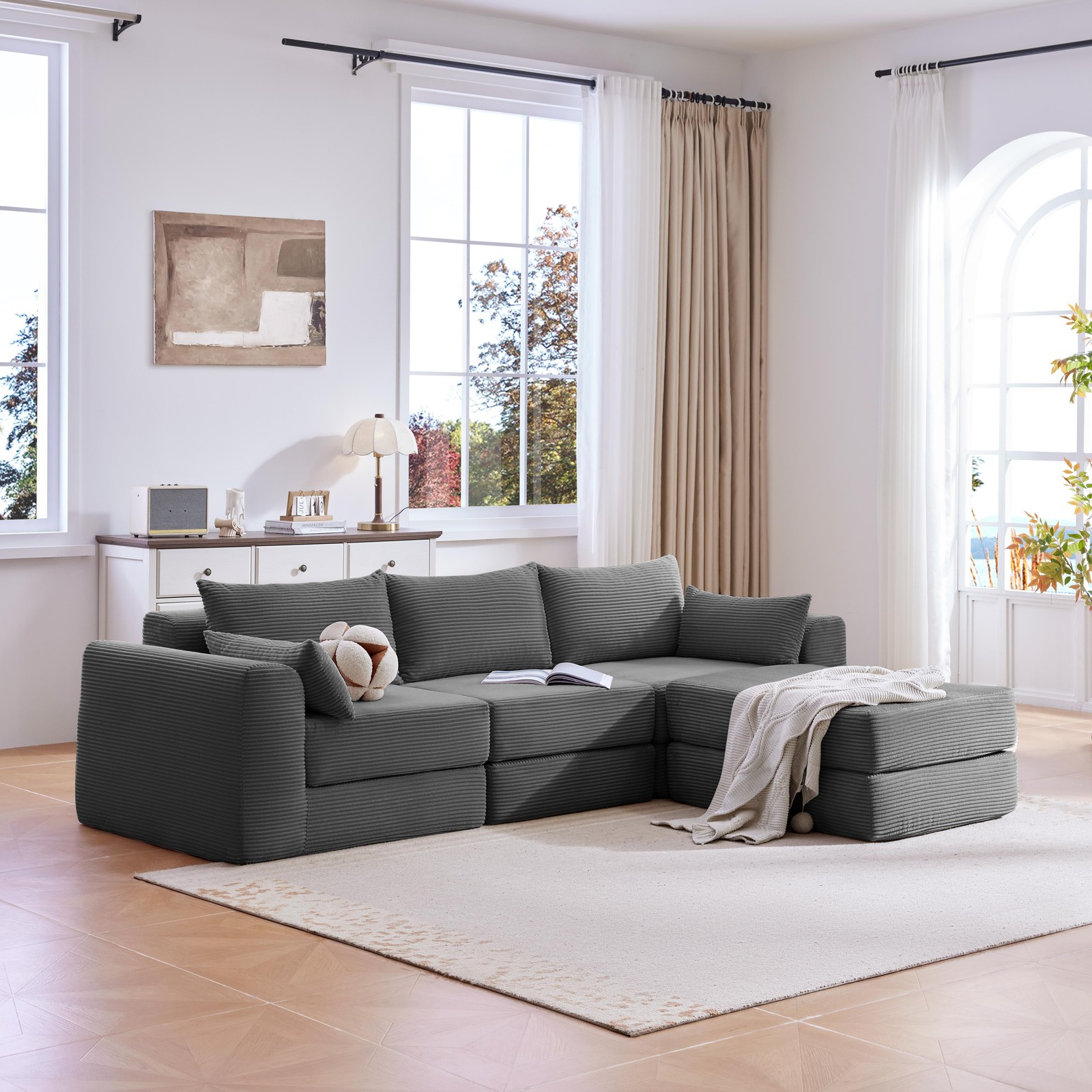 Upholstered Sectional Sofa 100" L-Shaped Corduroy Grey Modular