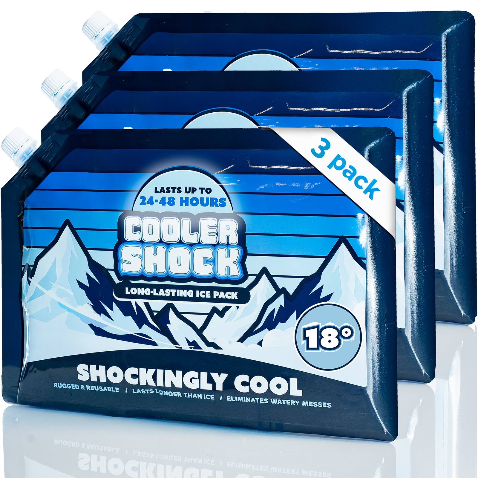 Cooler Shock 14” x 10” Navy Reusable Screw-Cap Ice Packs for Cooler, 3-pack