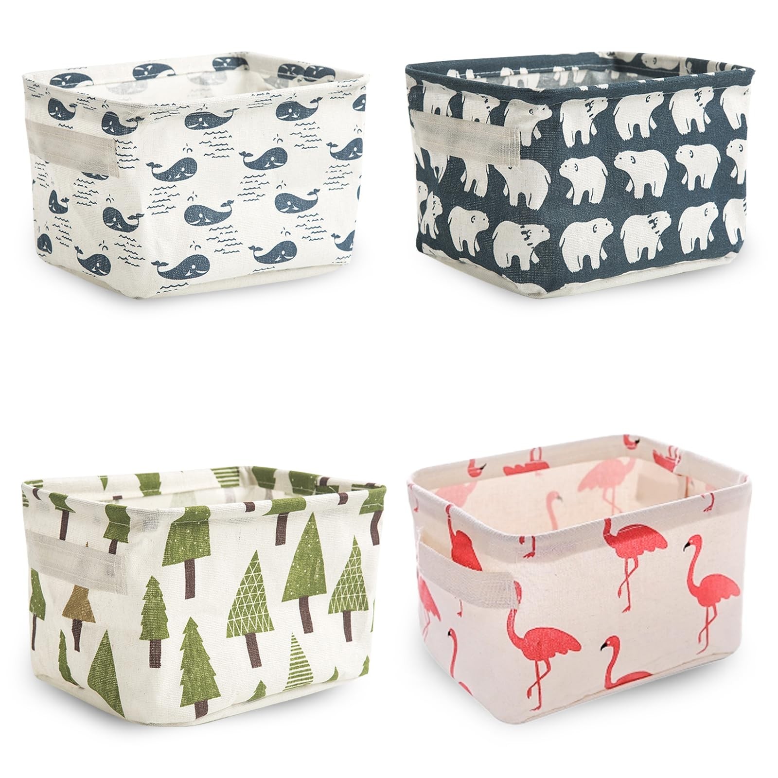 4-Pack Fabric Storage Basket –8"x6"x6" Cute Animal & Plant Prints, Foldable C...