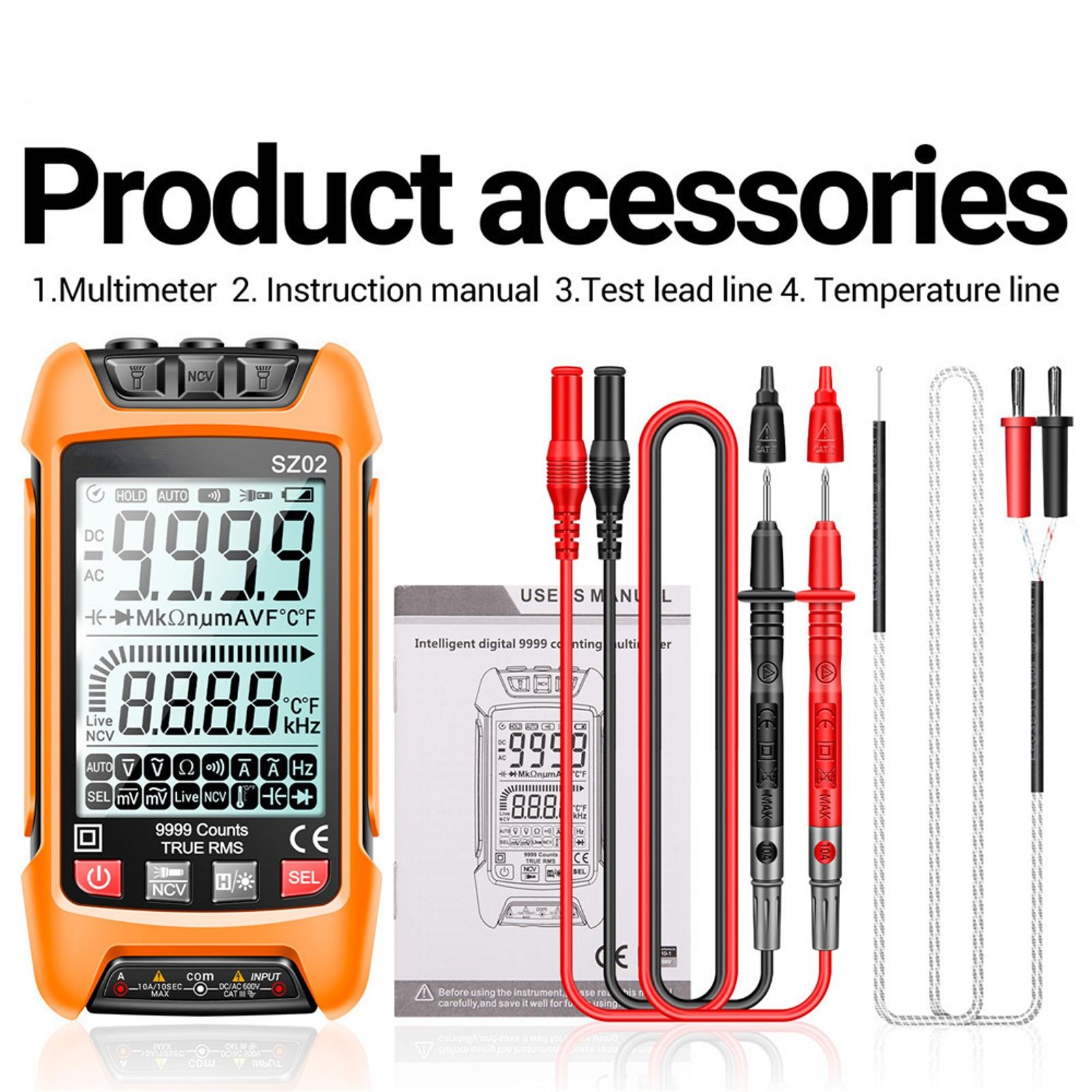 Digital Multimeter 9999 Counts DC/AC Voltage Current Resistance Tester True RMS;