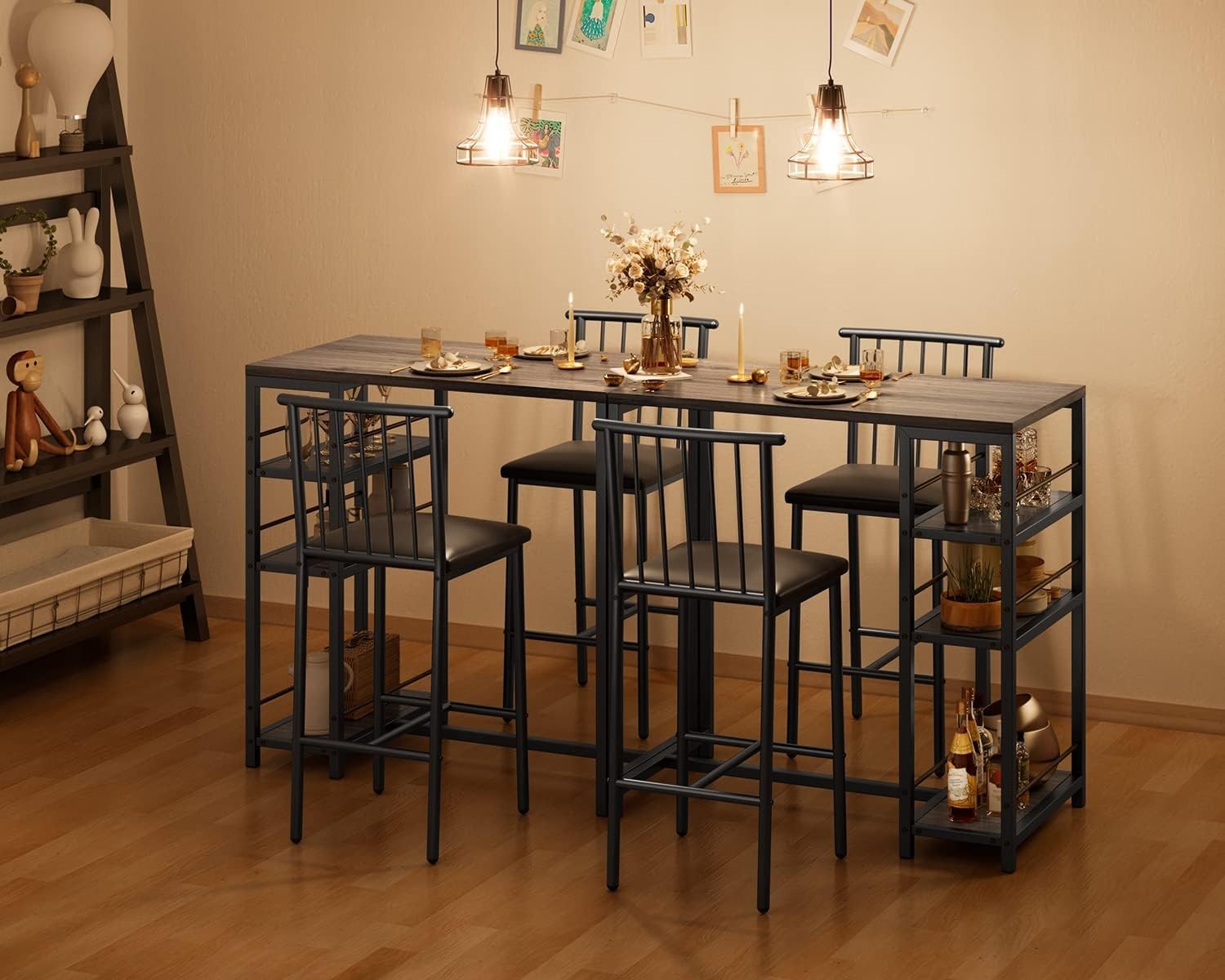 3-Piece Bar Dining Table Set 2 Kitchen Table w/Shelves Grey Space-saving grey