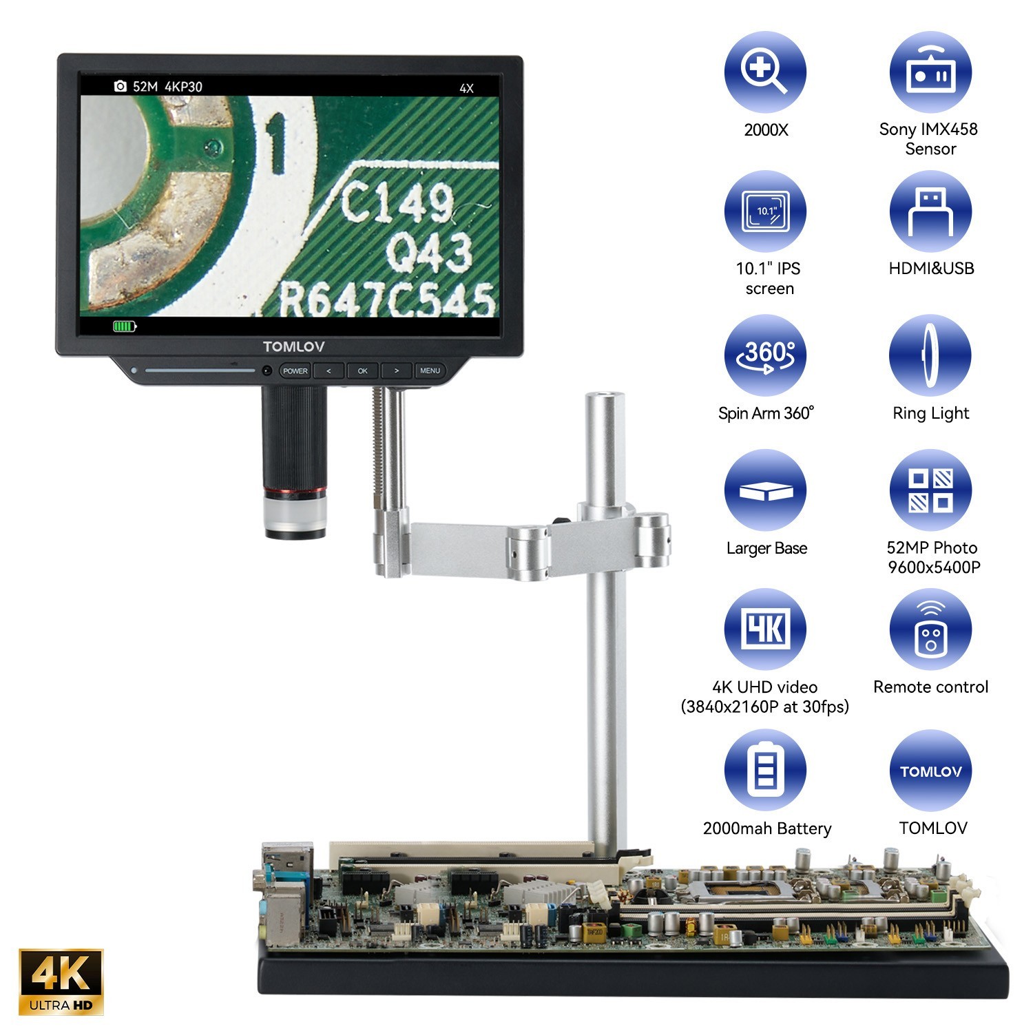 TOMLOV TM4K Max 4K Digital Microscope 2000x 10" Soldering Microscope Spin Arm
