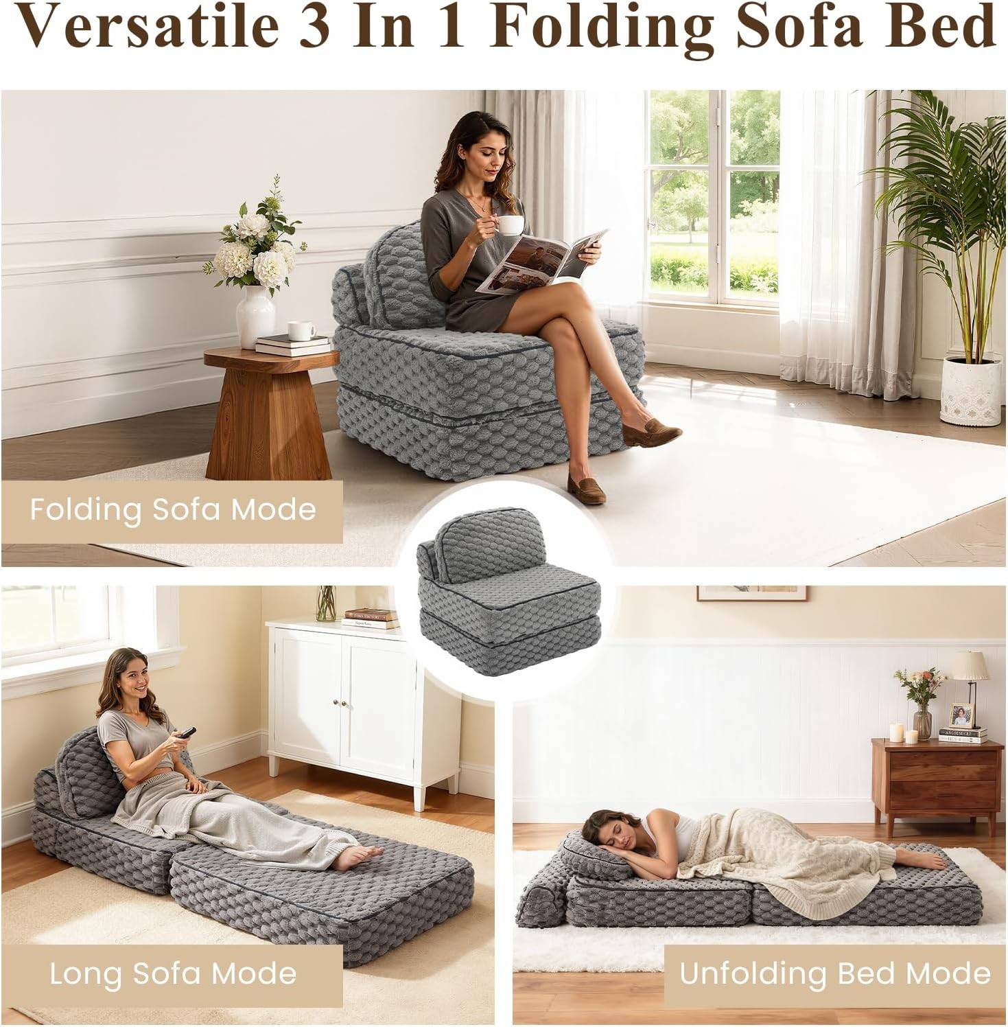 Folding Sofa Bed 3-in-1 Convertible Sleeper Chairs W/ Pillow,Back Support Fuzzy