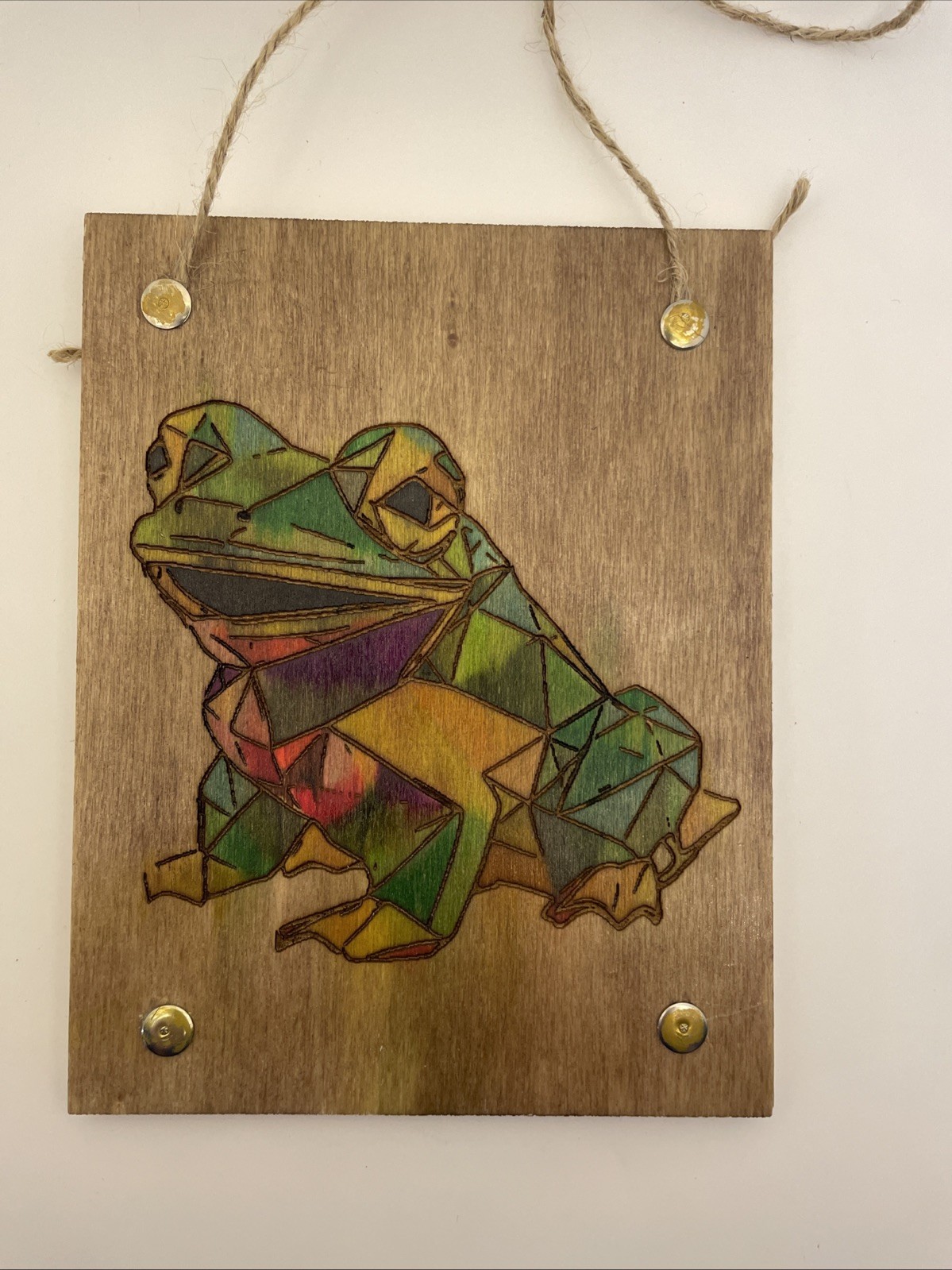 ENGRAVED HAND PAINTED WOOD SIGN Salvage ART ABSTRACT PLAQUE FROG FROGGER