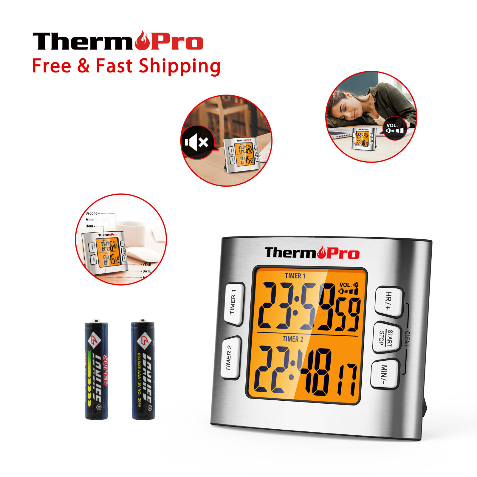 ThermoPro LCD Digital Kitchen School Timer Clock W/ Dual Countdown Stop Watches