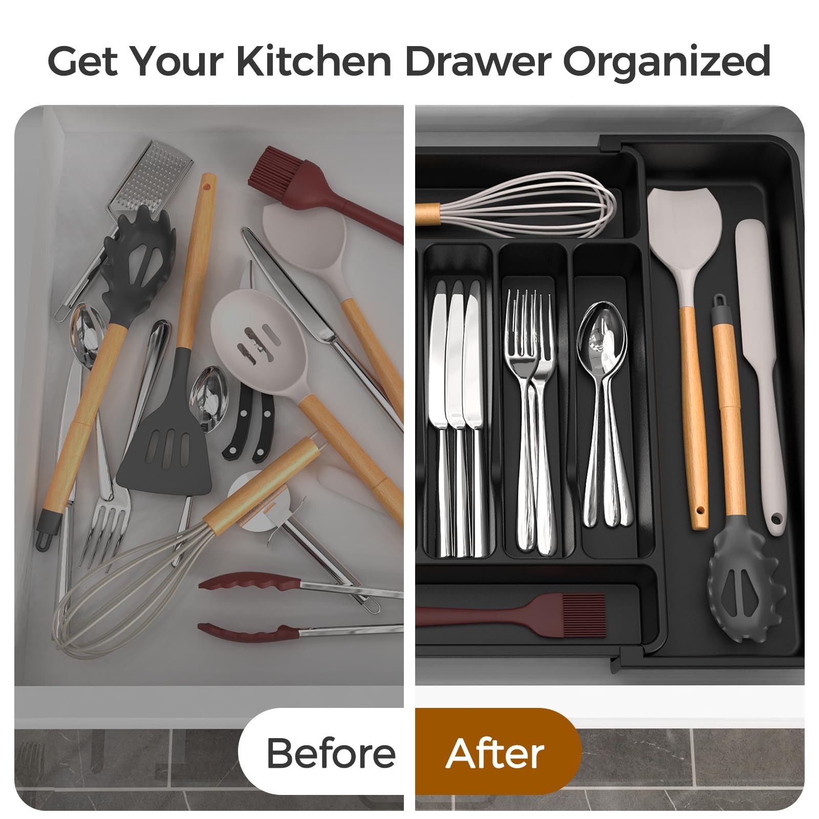 Expandable Silverware Organizer, Adjustable Cutlery Drawer Organizer, Black
