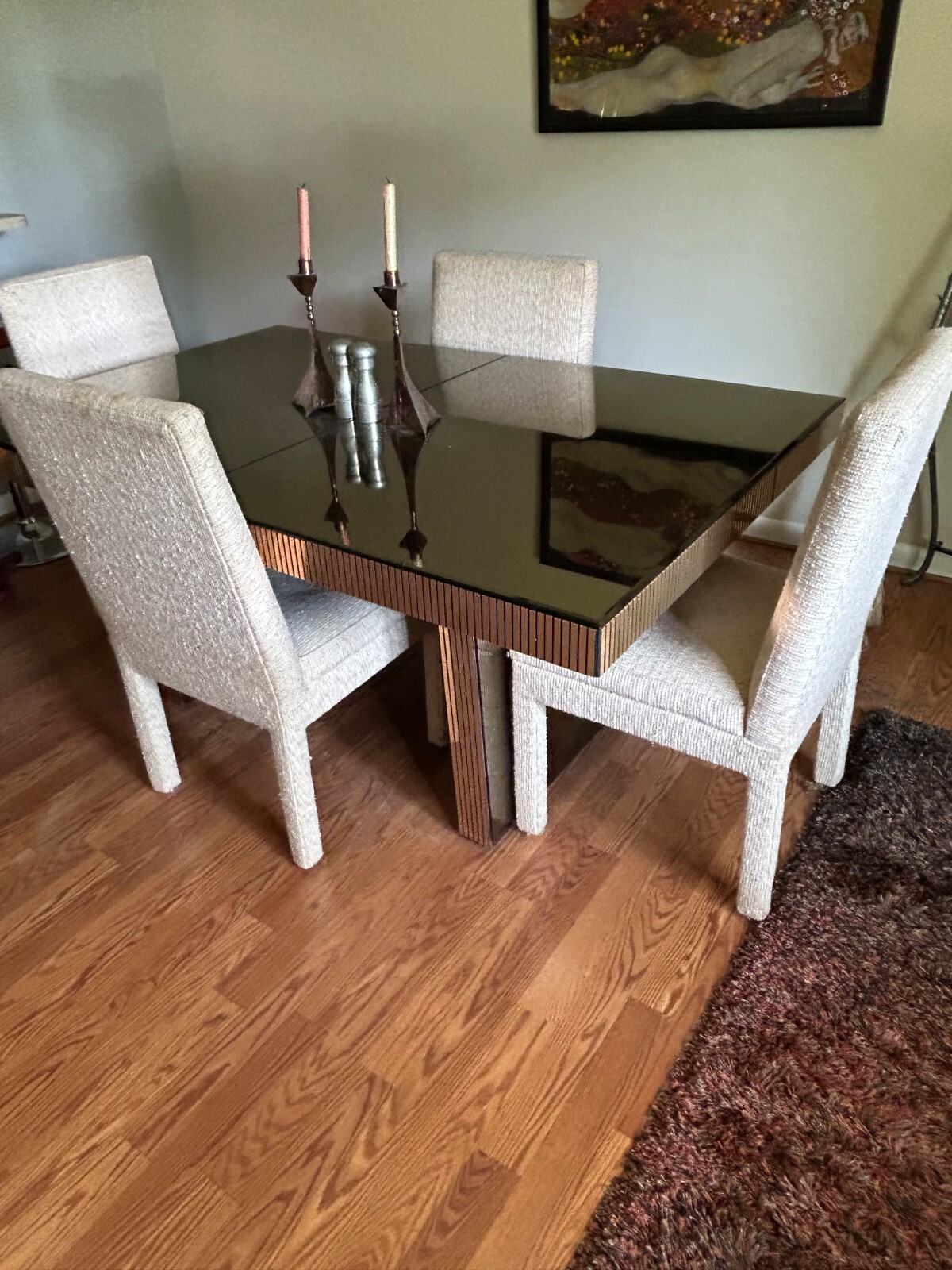 80's Dining Room brass mirrored Table, 6 chairs and brass mirrored buffet