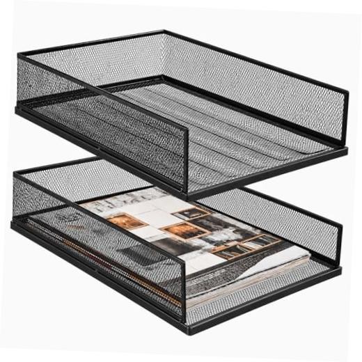 2 Pack Wire Mesh Letter Trays 12.8"x10"x2.9", Stackable Paper Tray Organizer