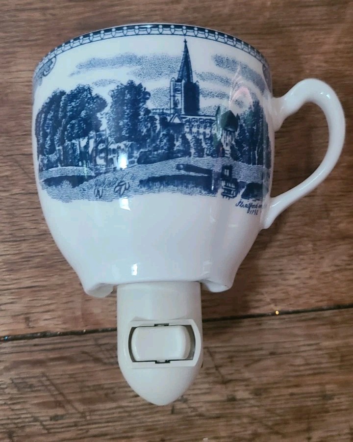 Vtg Johnson Bros Blue White Transferware Tea Cup Nightlight Stratford On Avon