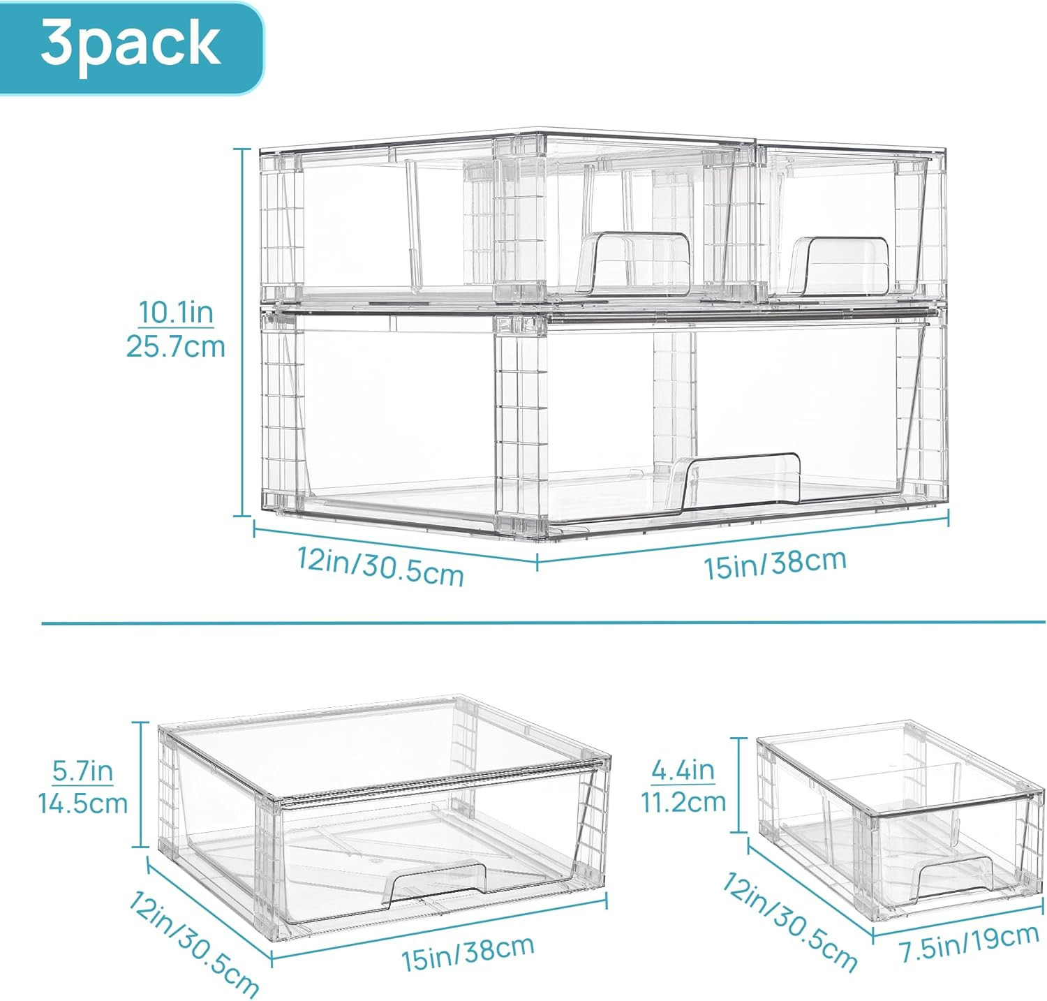 3 Pack Stackable Storage Drawers, Easily Assemble Acrylic Bathroom Undersink ...