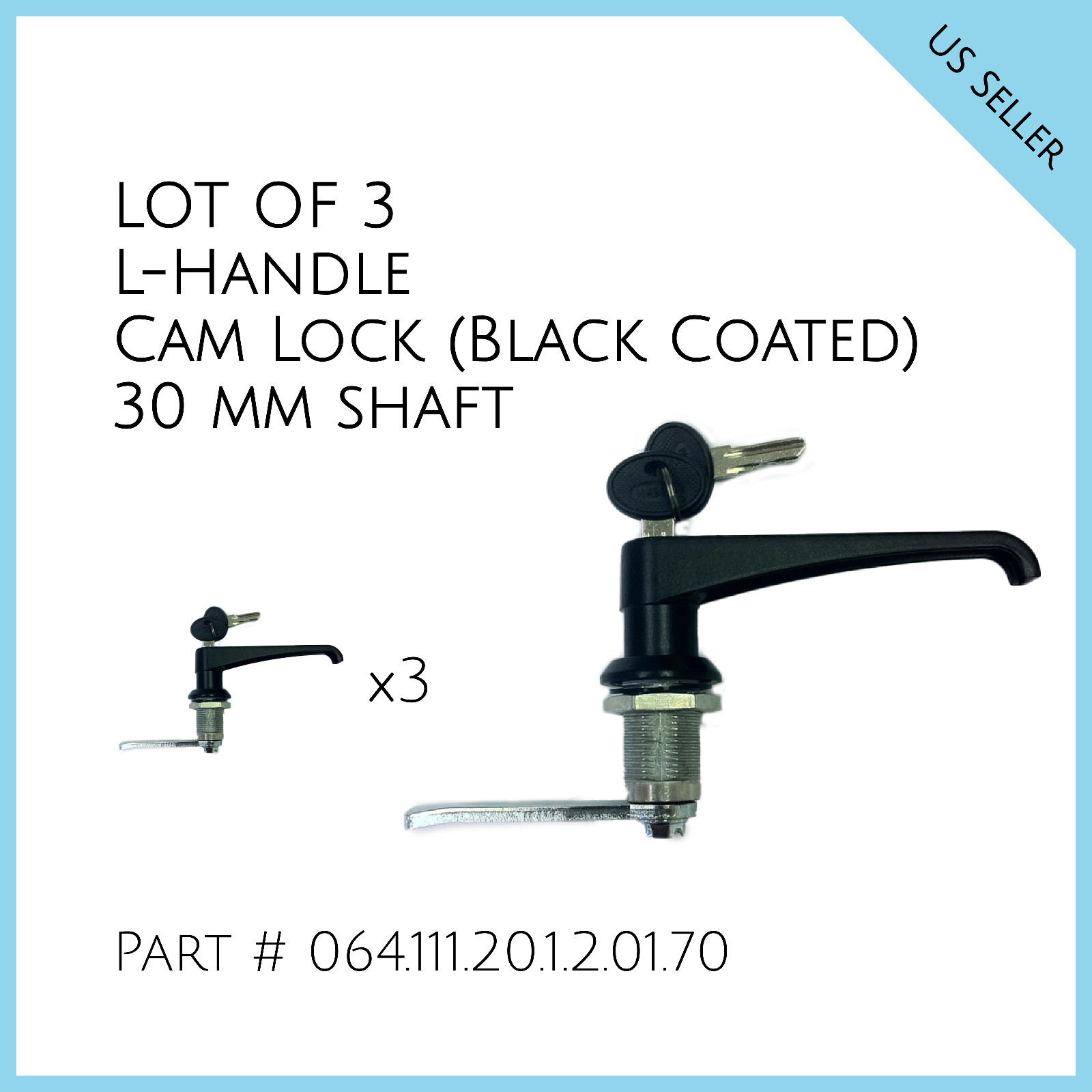 Lot of 3 L-Handle Cam Lock (Black Coated). 30 mm shaft. # 064.111.20.1.2.01.70
