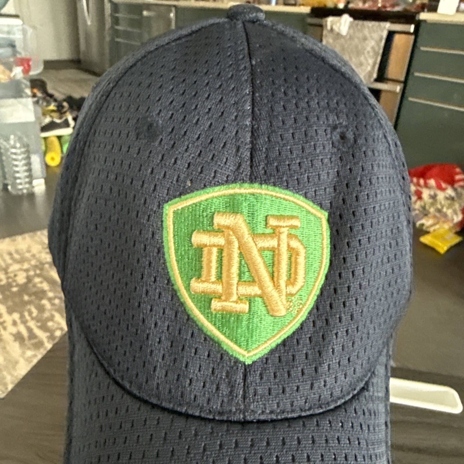 Notre Dame ND Gold Letters on Green Shield on Navy Adidas Hat Cap Hook Loop
