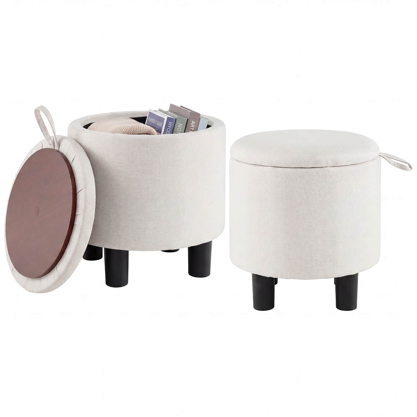 2PCS Round Storage Ottoman w/Removable Lid, Sturdy Legs, Storage for Living Room
