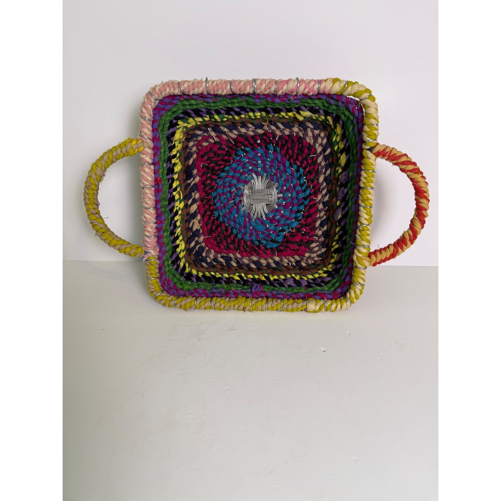 Handmade Multi Color Woven Fabric Wire Square Basket with Handles Boho Folk Art