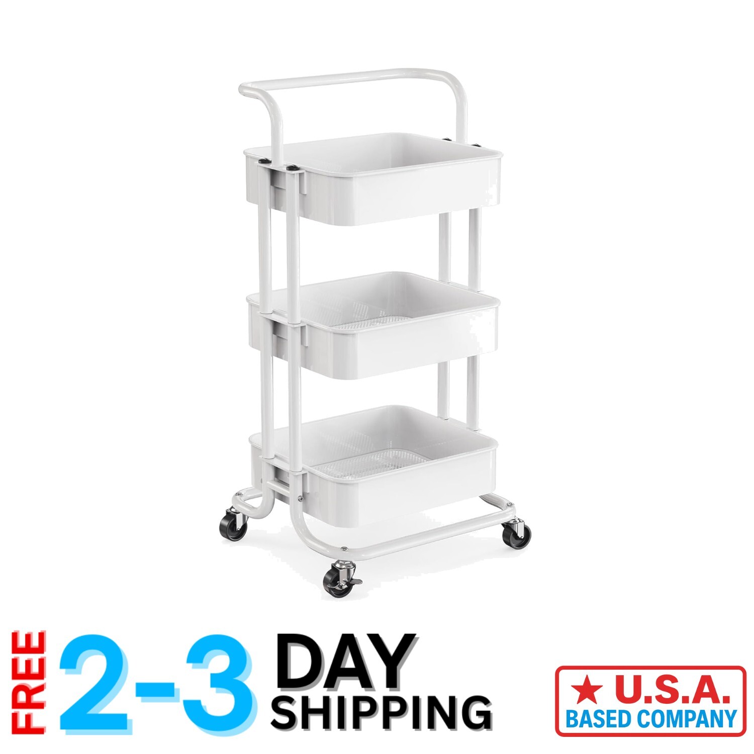 Durable 3-Tier Metal Rolling Cart with Lockable Wheels - Perfect for Any Room