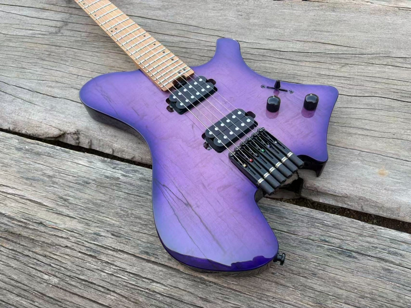 Acepro Gloss Purple Koa Top Headless Electric Guitar Stainless Steel Frets