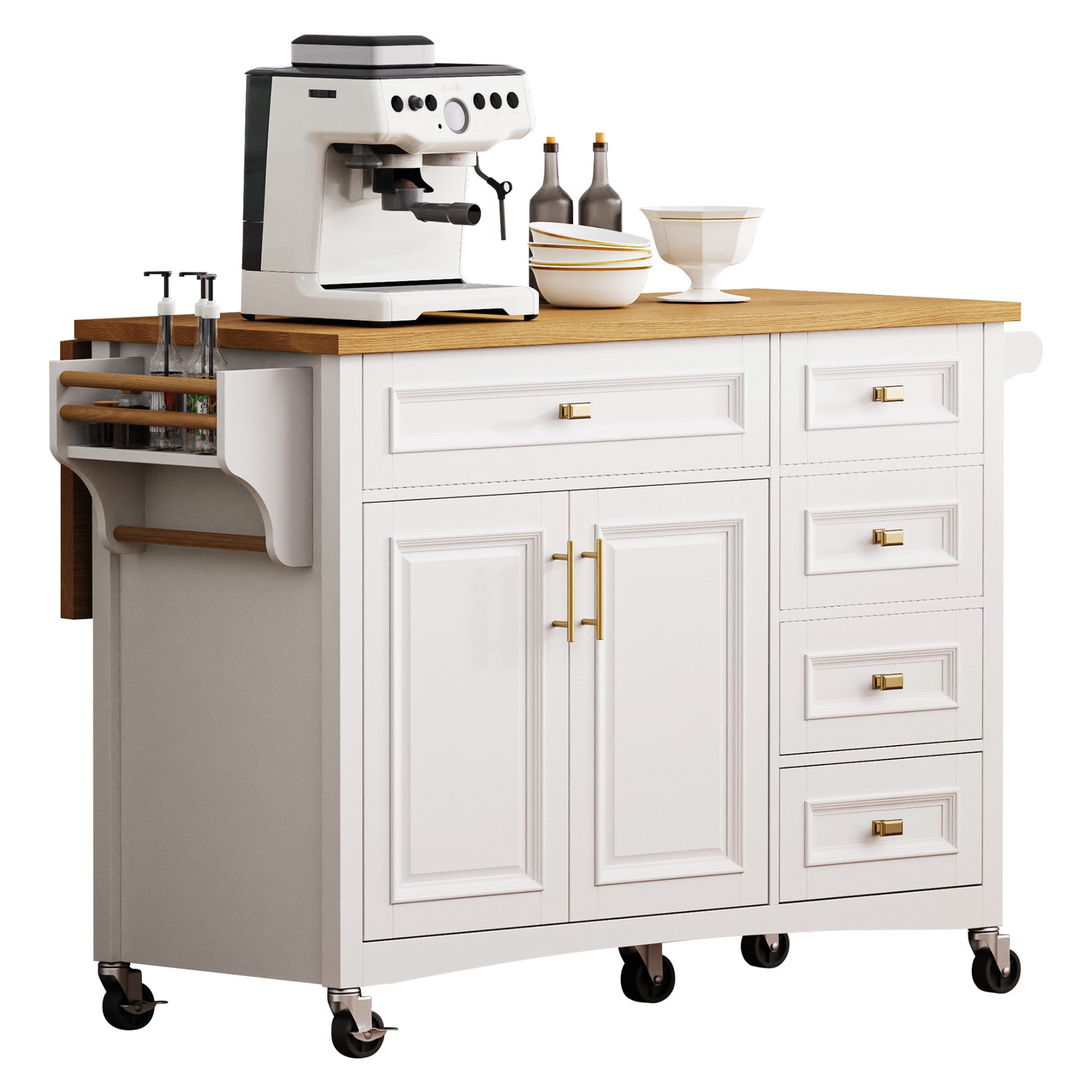 K&K 52'' Kitchen Island with Drop Leaf, Embossed Texture Kitchen Island on Whe