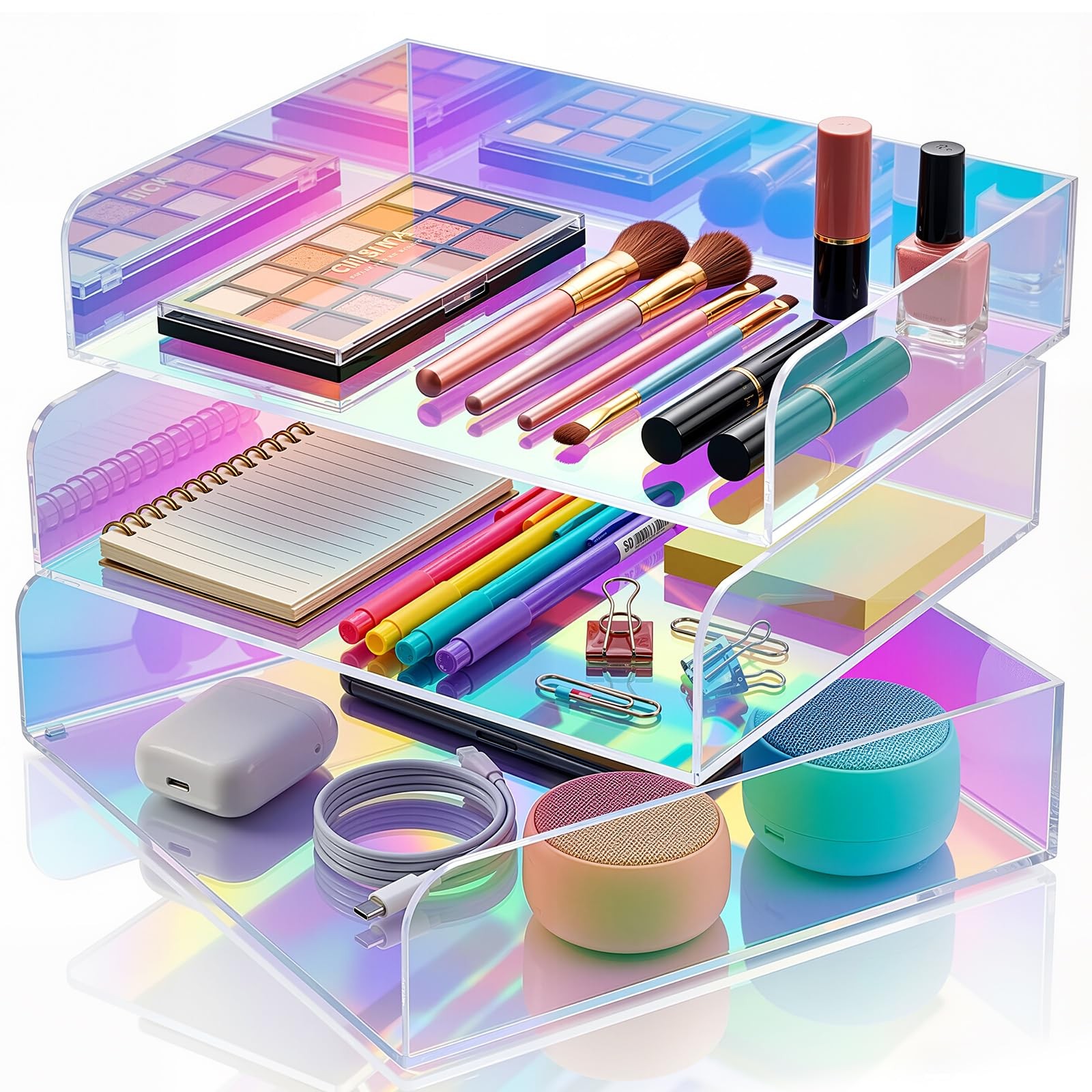 3 Pcs Iridescent Acrylic Letter Organizer Stackable Tray Document Horizontal
