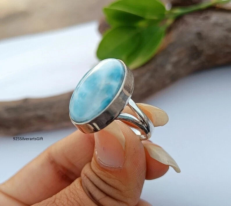 Larimar Gemstone Ring Solid 925 Sterling Silver Handmade Pretty Ring All Size