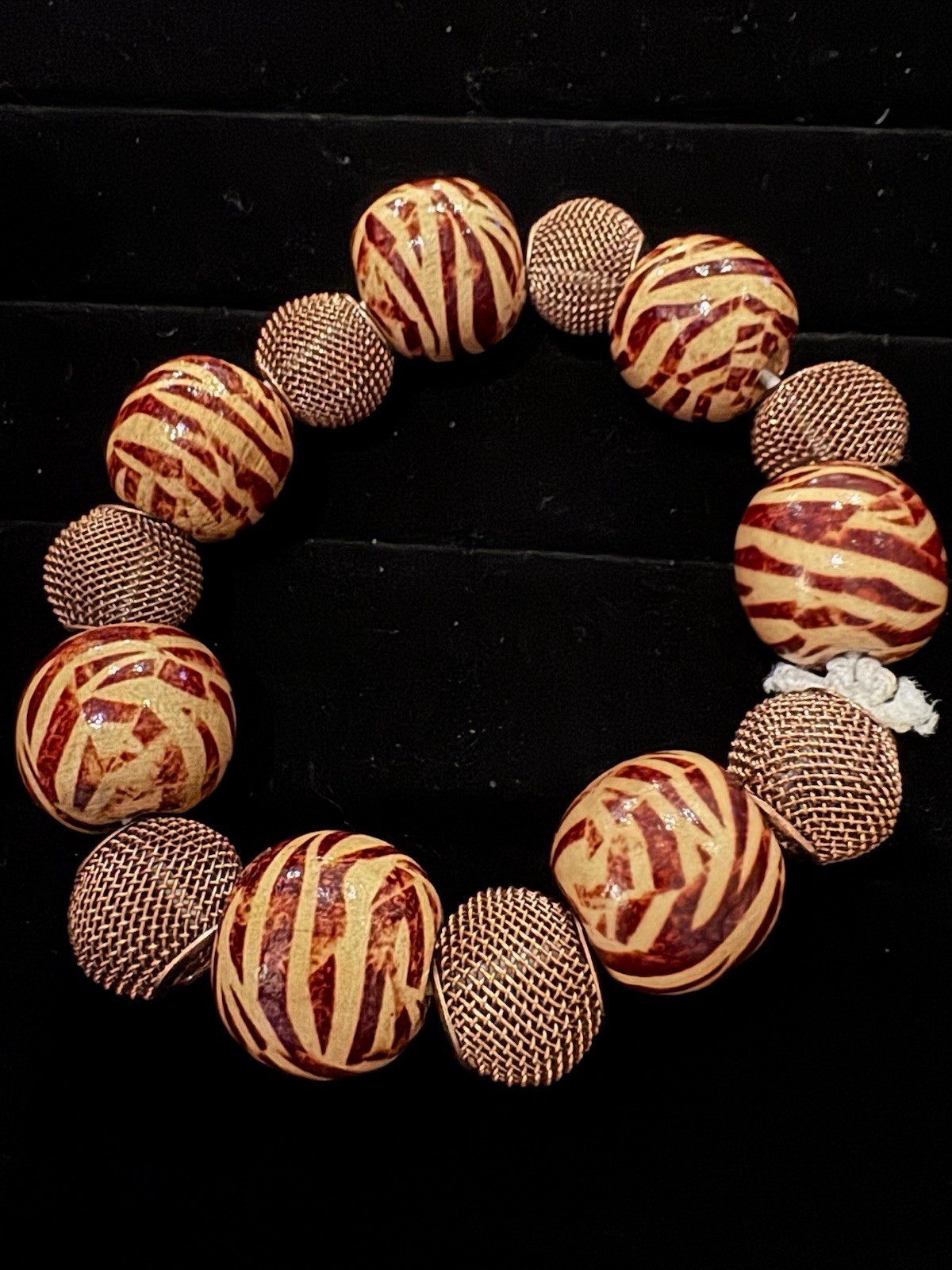 Handmade Artisan Bead Stretch Bracelet Brown Tan Gold Statement
