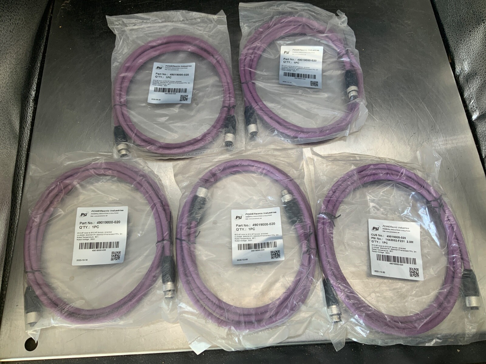 (5) Powersonic Industries 1443002-F231, M12 4P Male to M12 4P Female  2 meter