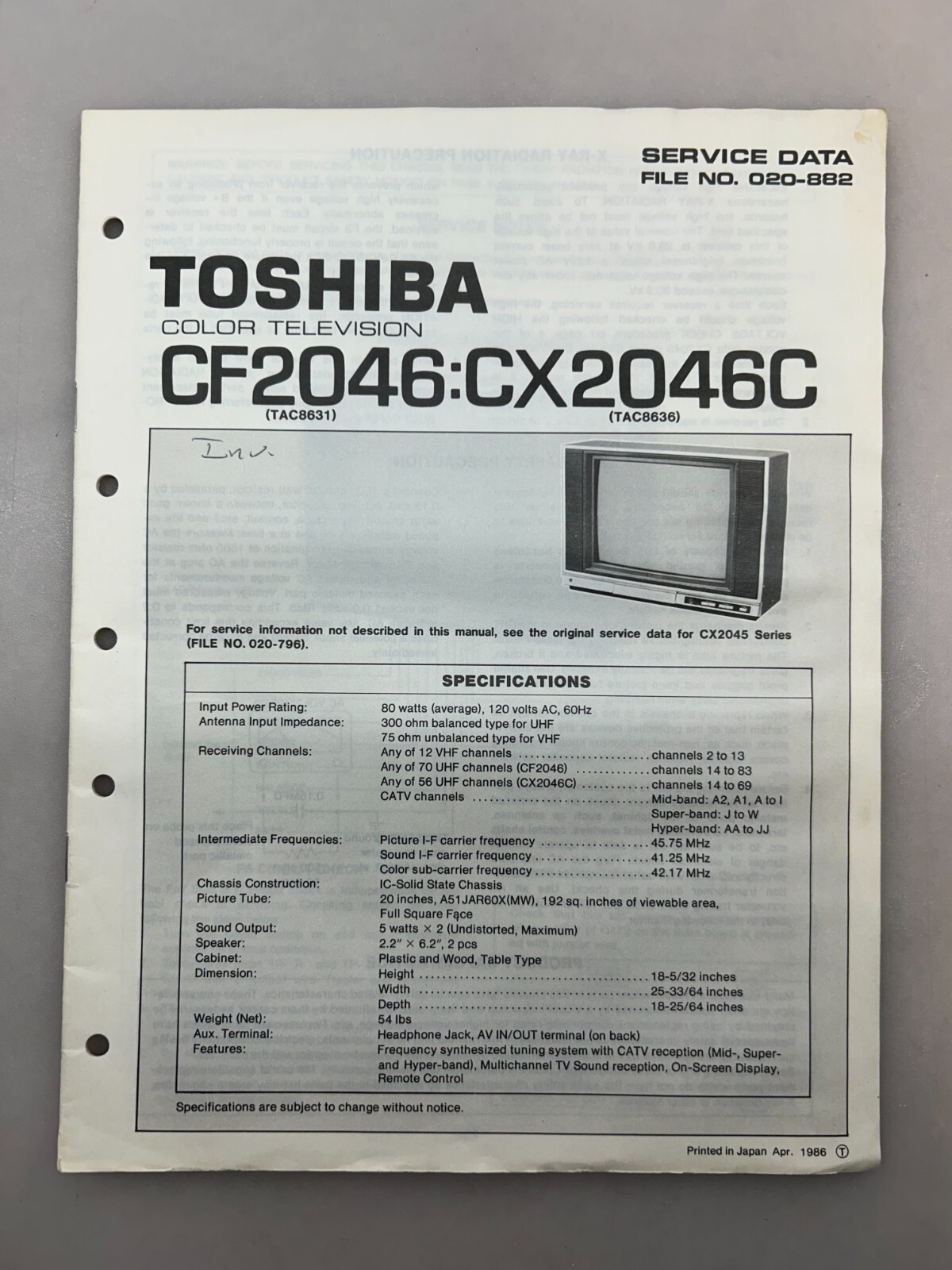 Toshiba CF2046 CX2046C Original Service Manual Free Shipping