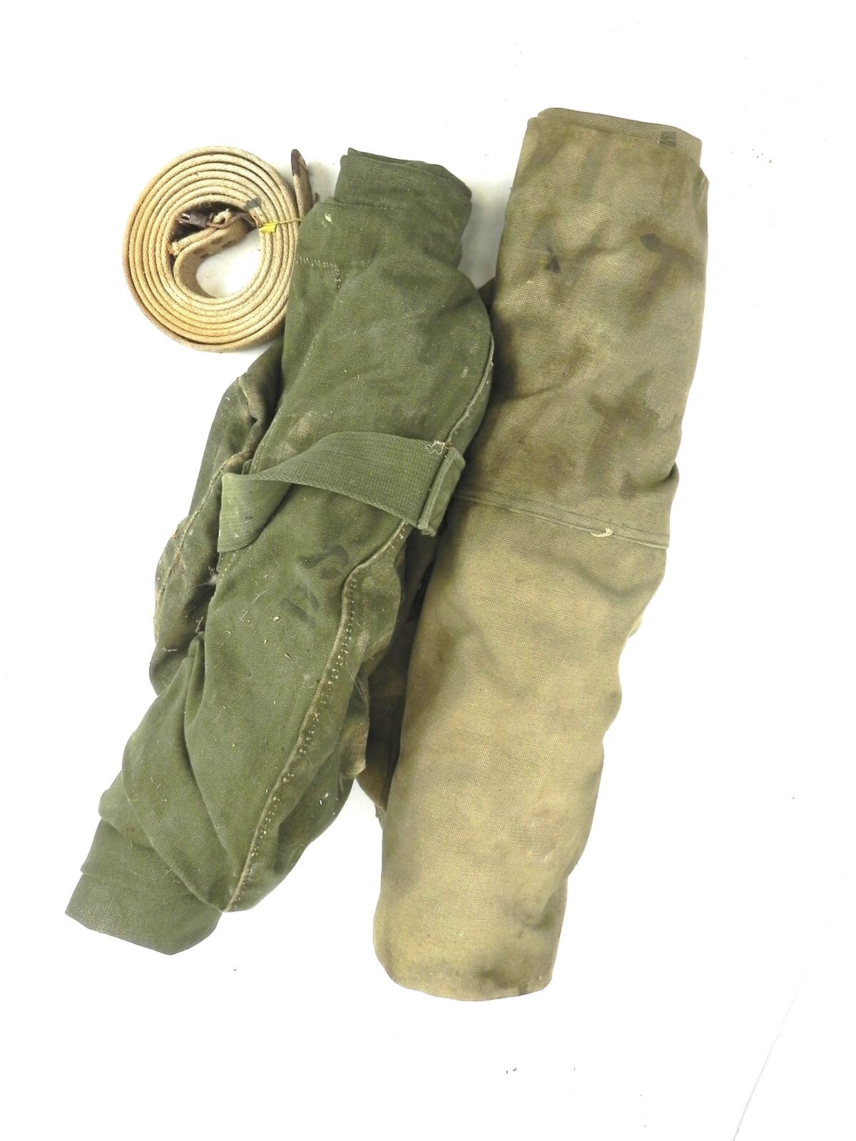 TWO VINTAGE NAVY MILITARY SEA BAGS AND ONE BELT WITH USAGE AND STORAGE WEAR