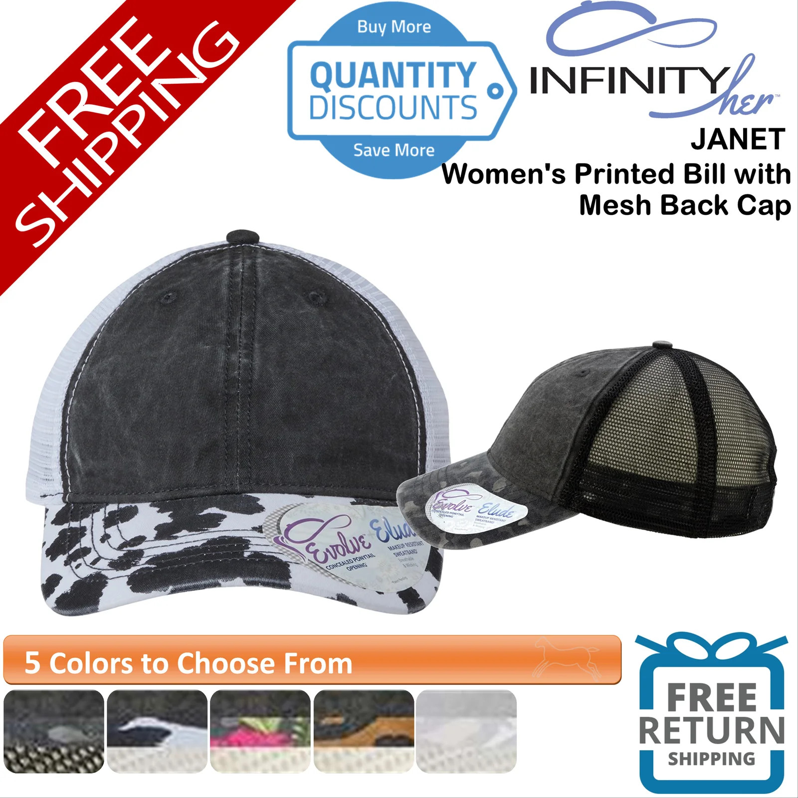 🔥 Infinity Her Women's Printed Bill with Mesh Back Cap Hat six-panel JANET