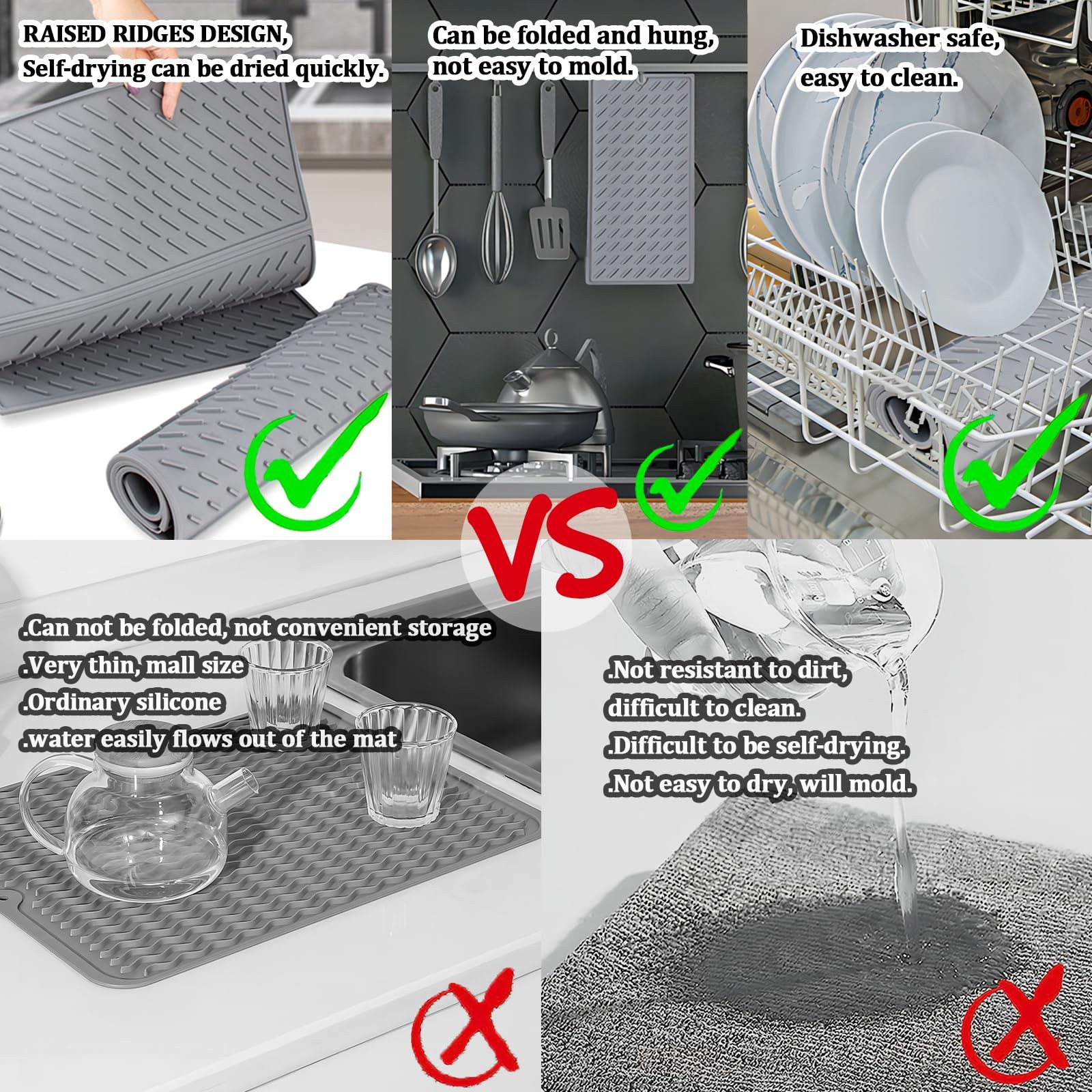 Silicone Dish Drying Mat for Kitchen Counter, Collapsible Trifold Large Dish ...